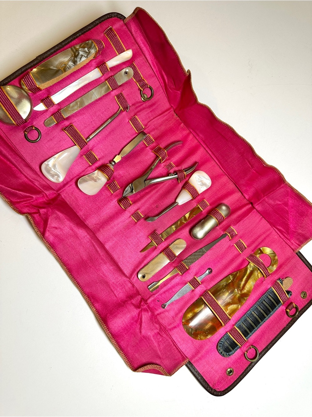 Antique Pink Travel Manicure Set with Mother-of-Pearl Tools Vintage Victorian